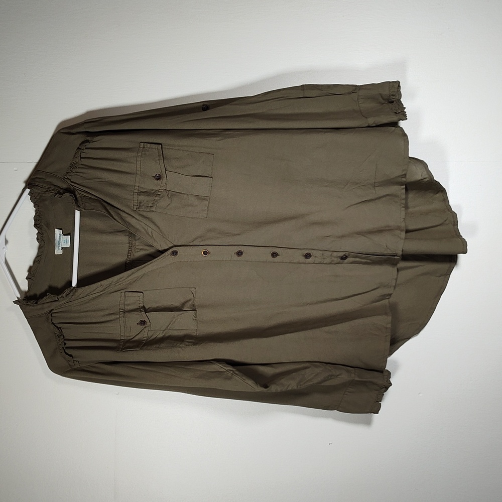 Sundance viscose ruffle‎ trim button up olive green blouse top S petite